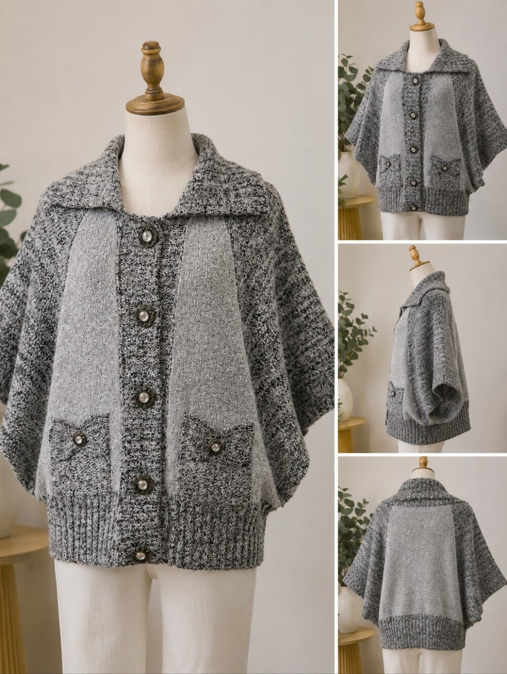 Lisheng Wool Blend Poncho Cape Sweater Gray Button Cardigan Boho